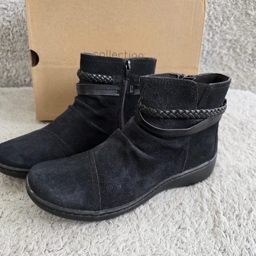 Clarks Cora Black Suede Braided Slouchy Leather Ankle Boots Booties ‎ 8M NEW
